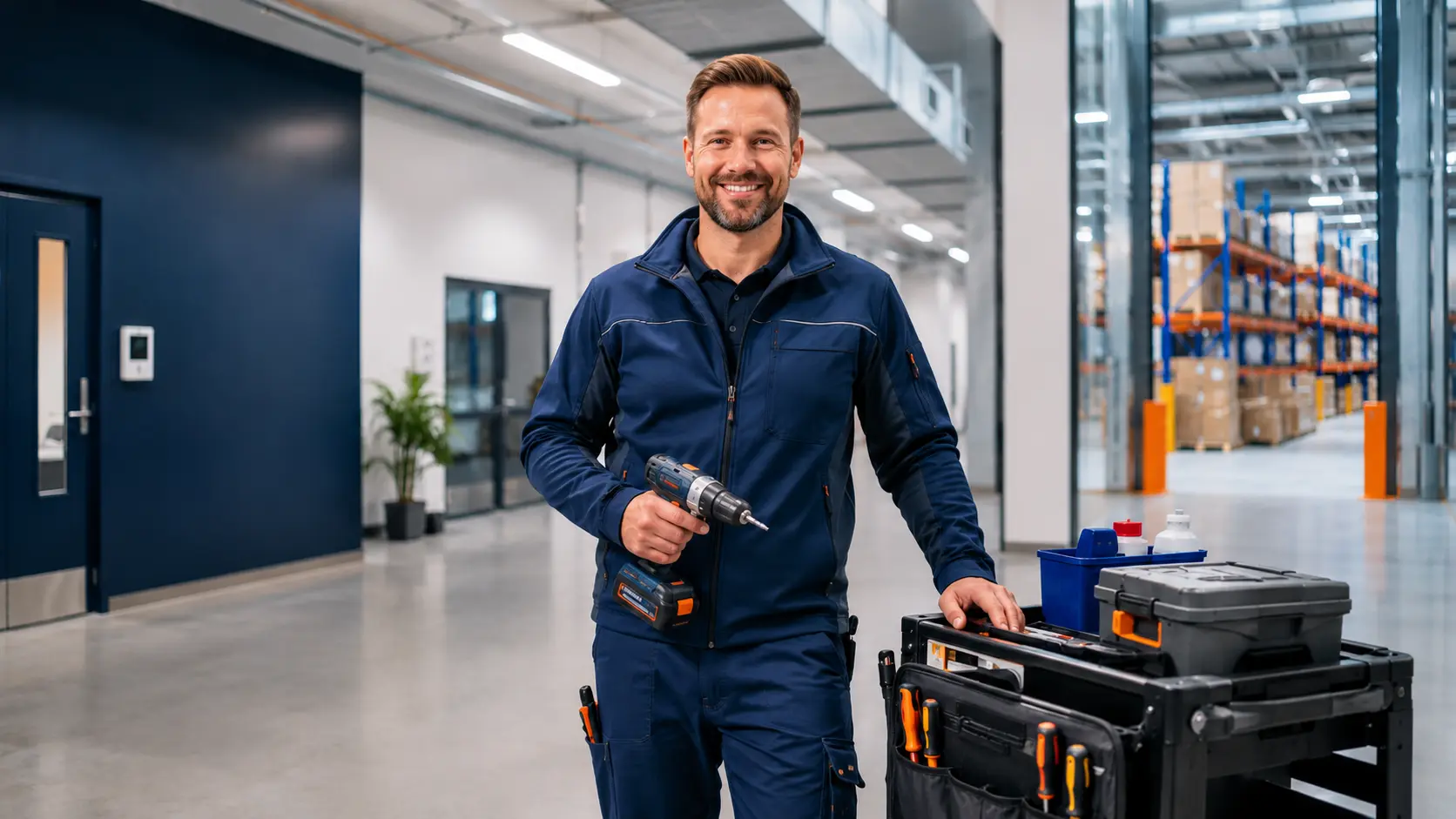 Haustechniker mit Akkuschrauber und Werkzeugwagen